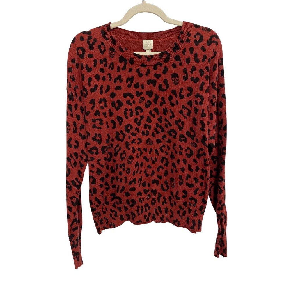 Roan + Ryan Sweater Size Large Leopard Skull Print Crewneck Red Orange Knitwear